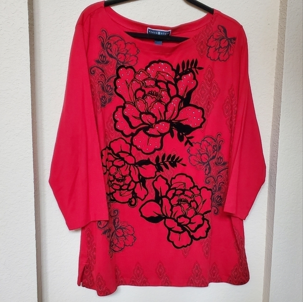 Karen Scott Red Top with Black Floral Print & Rhinestone Accents Size 1X